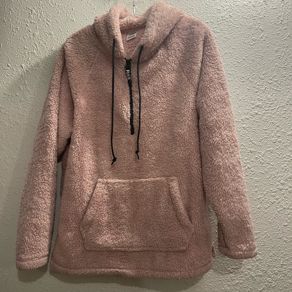 PINK VS, Half Zip Pink Teddy Pullover Hoodie,Size‎ Medium